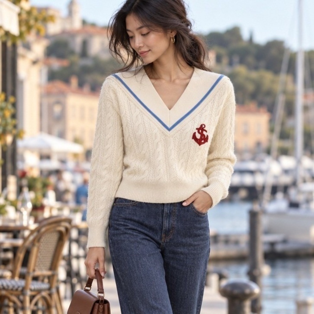 Sandro Paris Wool Cashmere Sailor Collar Cable Knit Sweater Anchor Cream